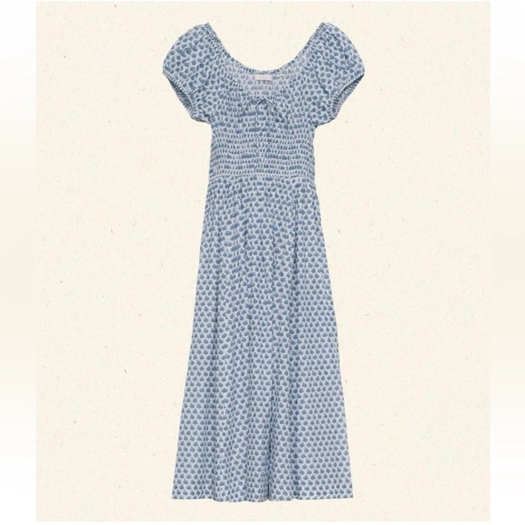 Doen Quinn Cotton Smocked Short Sleeve Midi Maxi Dress Dahlia Ditsy Blue White - Picture 16 of 16